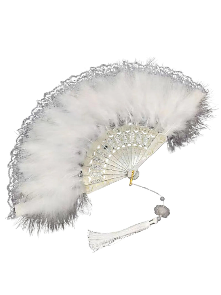 Fluffy Feather Pendants Folding Hand Fan - vintage fashion, retro style