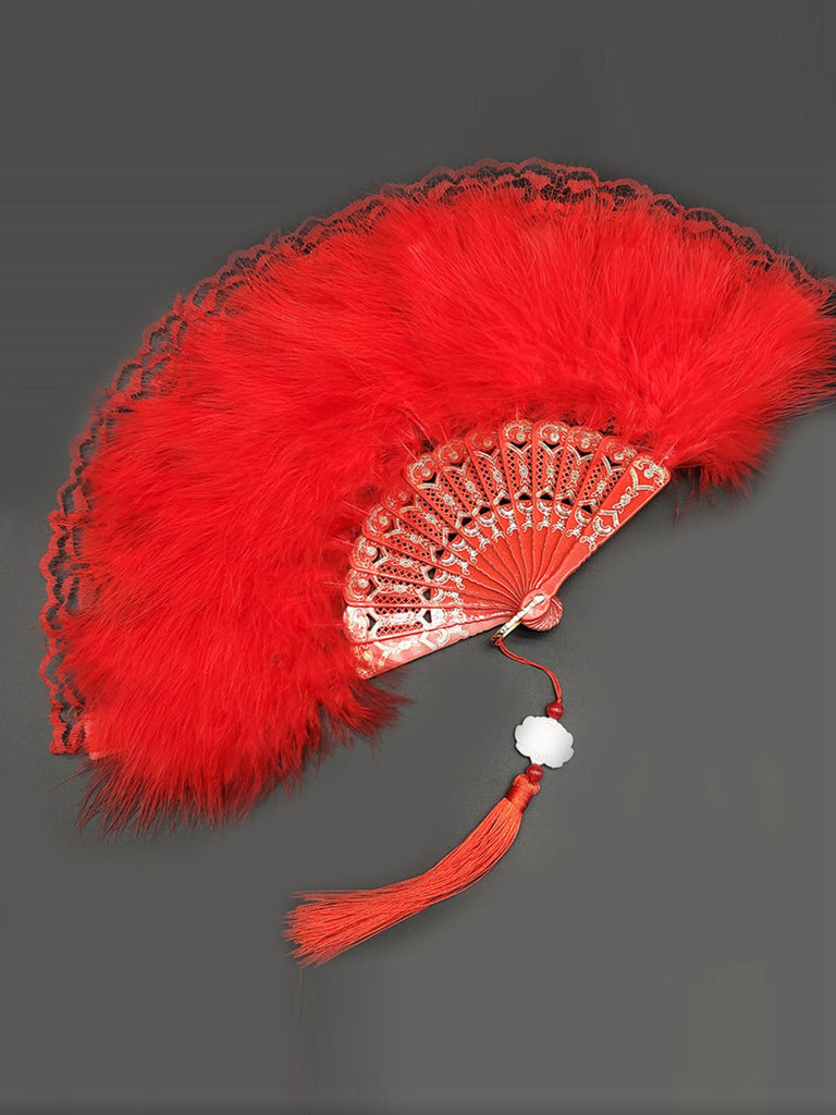 Fluffy Feather Pendants Folding Hand Fan - vintage fashion, retro style