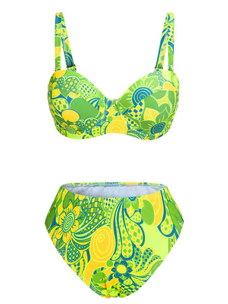 Fluorescent Green 1980s Floral Bikini Set, vintage swimsuit, pin-up swimwear - perfect for women who love vintage and retro fashion