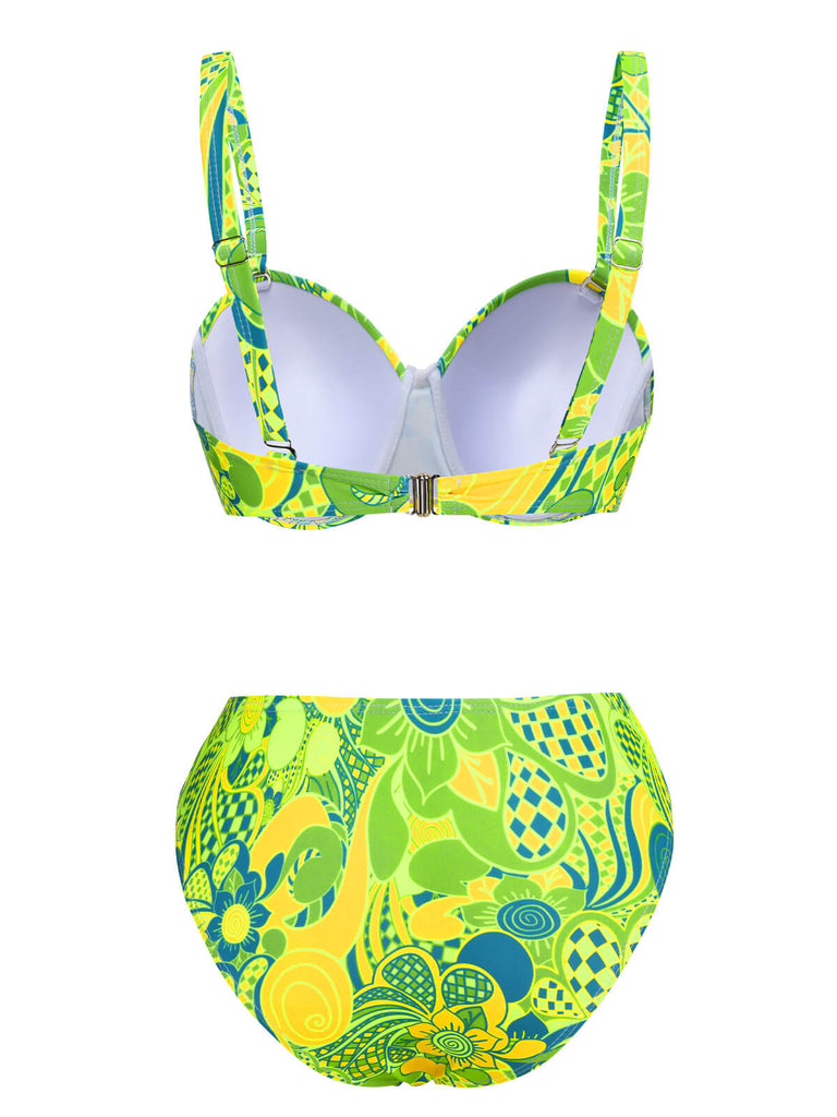 Fluorescent Green 1980s Floral Bikini Set, vintage swimsuit, pin-up swimwear - perfect for women who love vintage and retro fashion