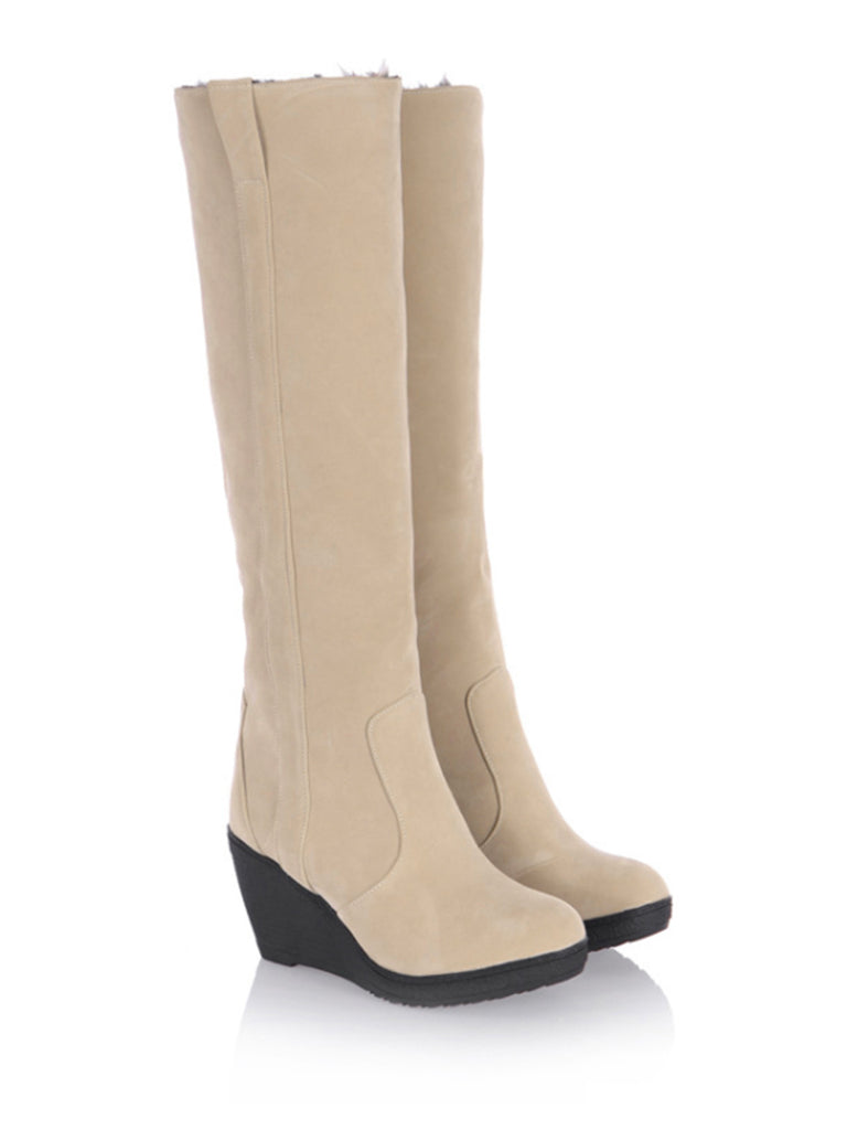 She finds her vintage story in this Frosted Leather Wedge Heel Knee High Boots