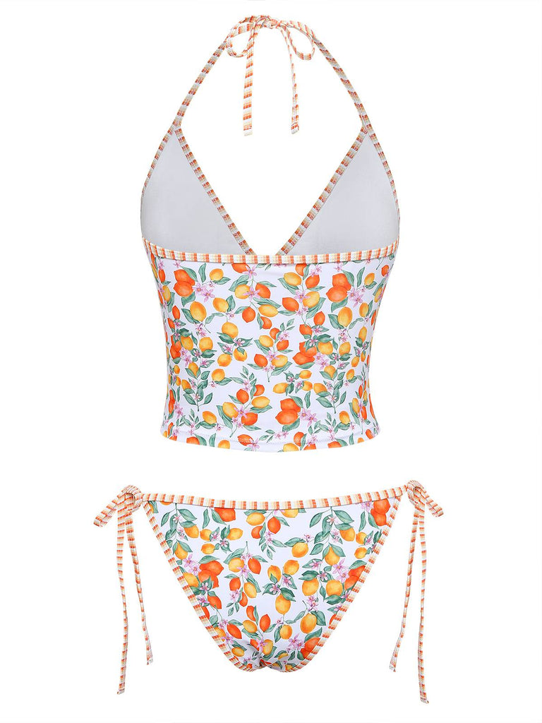 Orange 1950s Fruit Print Halter Tankini Set