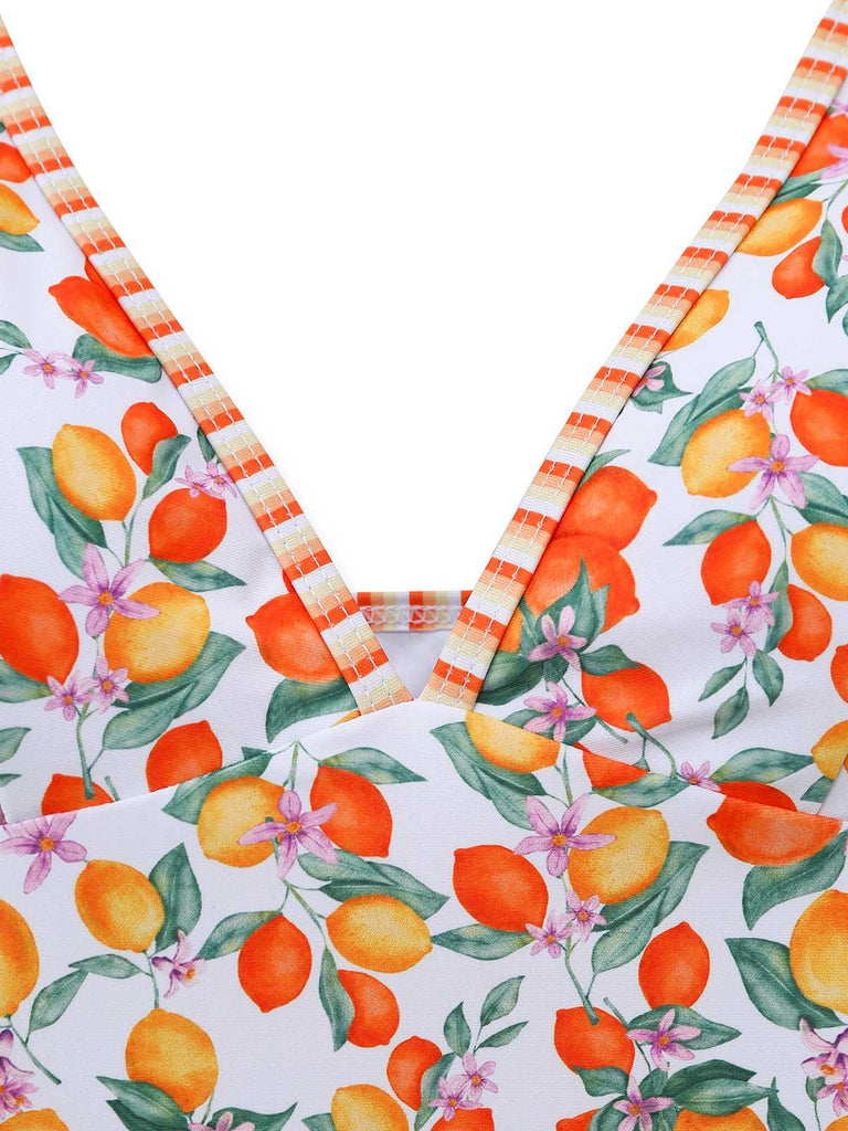 Orange 1950s Fruit Print Halter Tankini Set