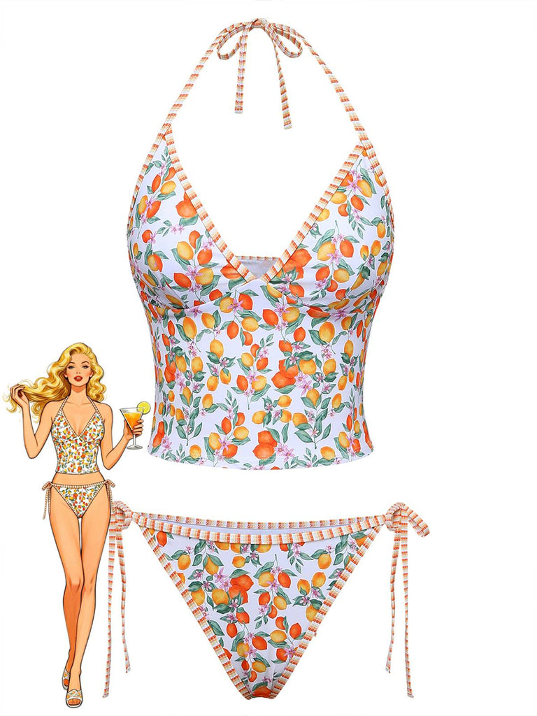 Orange 1950s Fruit Print Halter Tankini Set