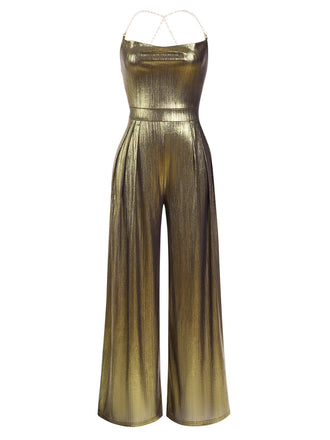 [Pre-Sale] Metallic Gold 1980s Cowl Neck Spaghetti Strap Jumpsuit