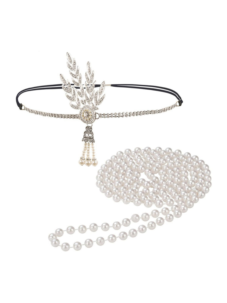 Gatsby Feather Alloy Headband & Pearl Necklace Set - vintage fashion, retro style
