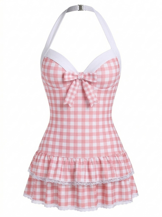[Pre-Sale] Light Pink 1940s Halter Polka Dots Bow One-Piece Swimsuit
