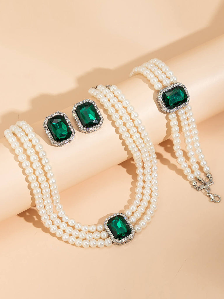Gemstone Pearl Necklace & Bracelet & Earrings Set, vintage fashion, retro style - perfect for women who love vintage and retro fashion