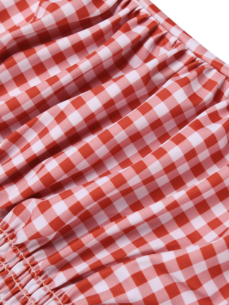 Gingham 1950s Halter Bowknot One-piece Swimsuit - vintage swimwear, retro swimsuit, pin-up style for vintage lovers