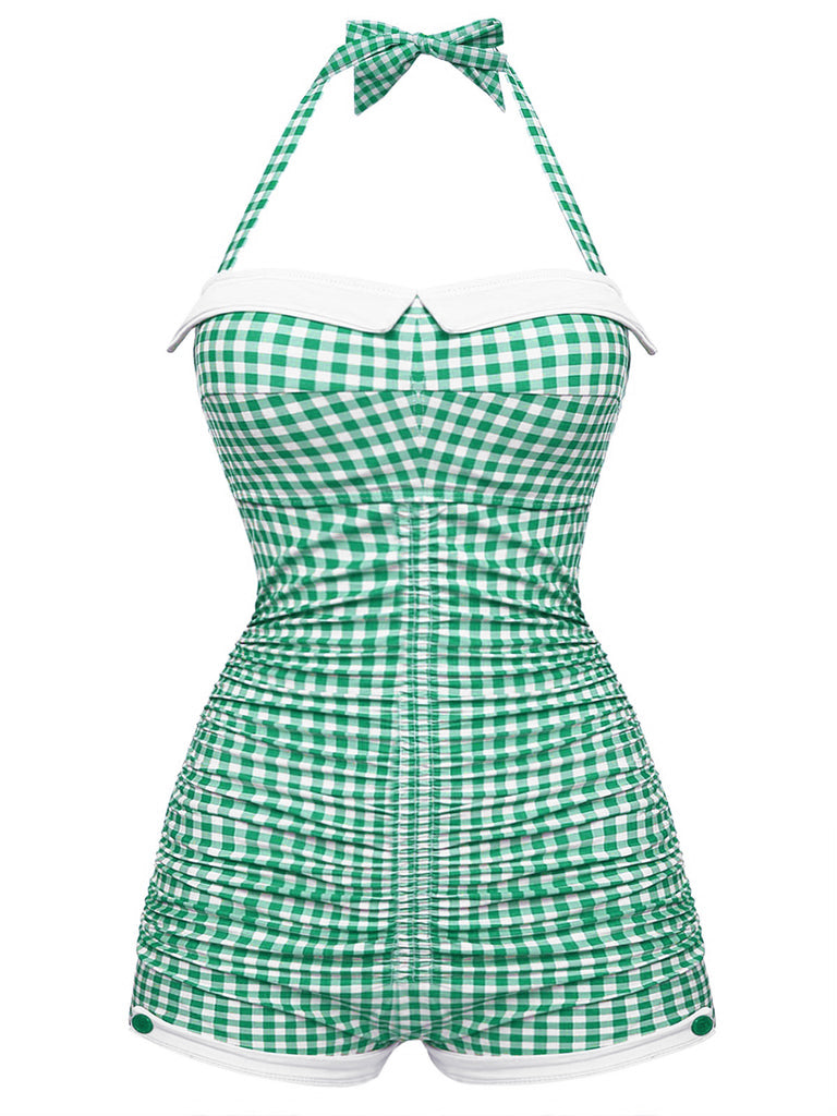 Gingham 1950s Halter Bowknot One-piece Swimsuit: 1950s Riviera elegance, reimagined for her
