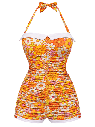 Gingham 1950s Halter Bowknot One-piece Swimsuit - vintage swimsuit, pin-up style