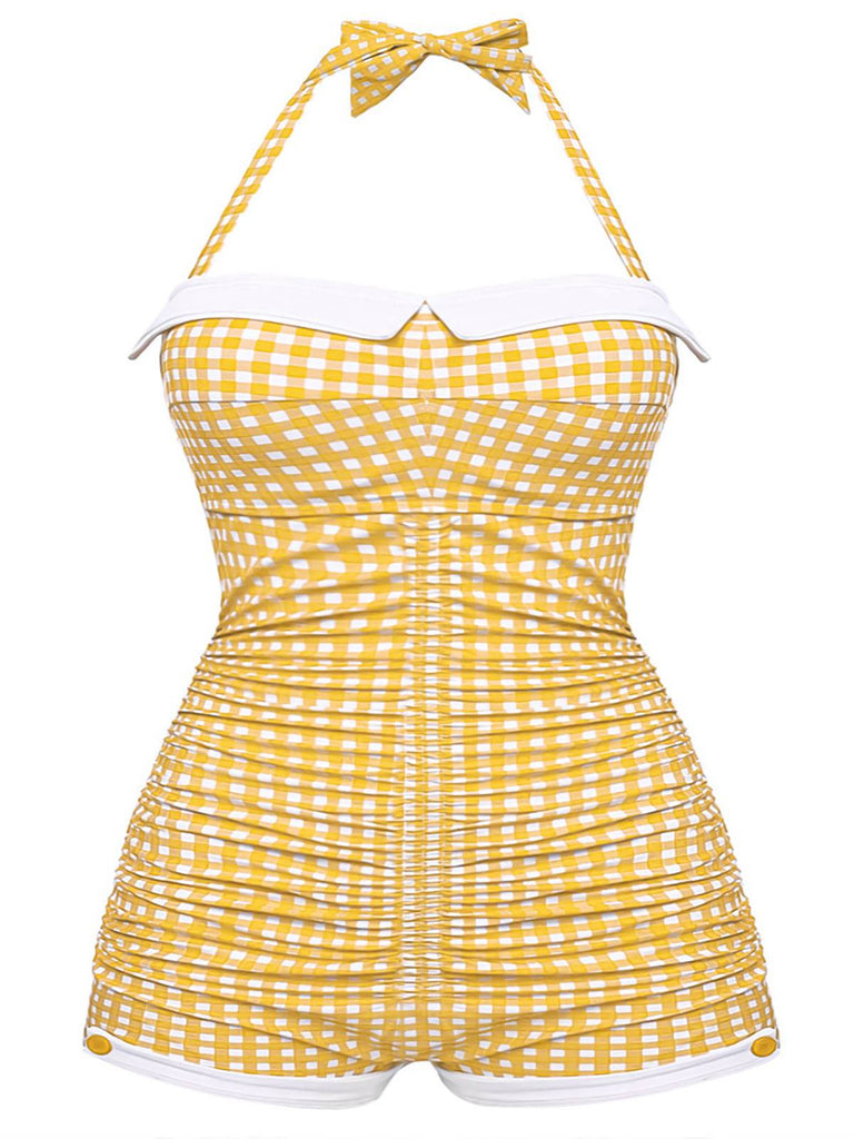 Gingham 1950s Halter Bowknot One-piece Swimsuit: timeless style reimagined