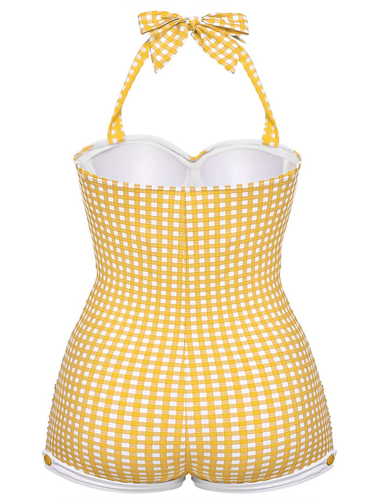 Gingham 1950s Halter Bowknot One-piece Swimsuit — vintage elegance for the modern woman