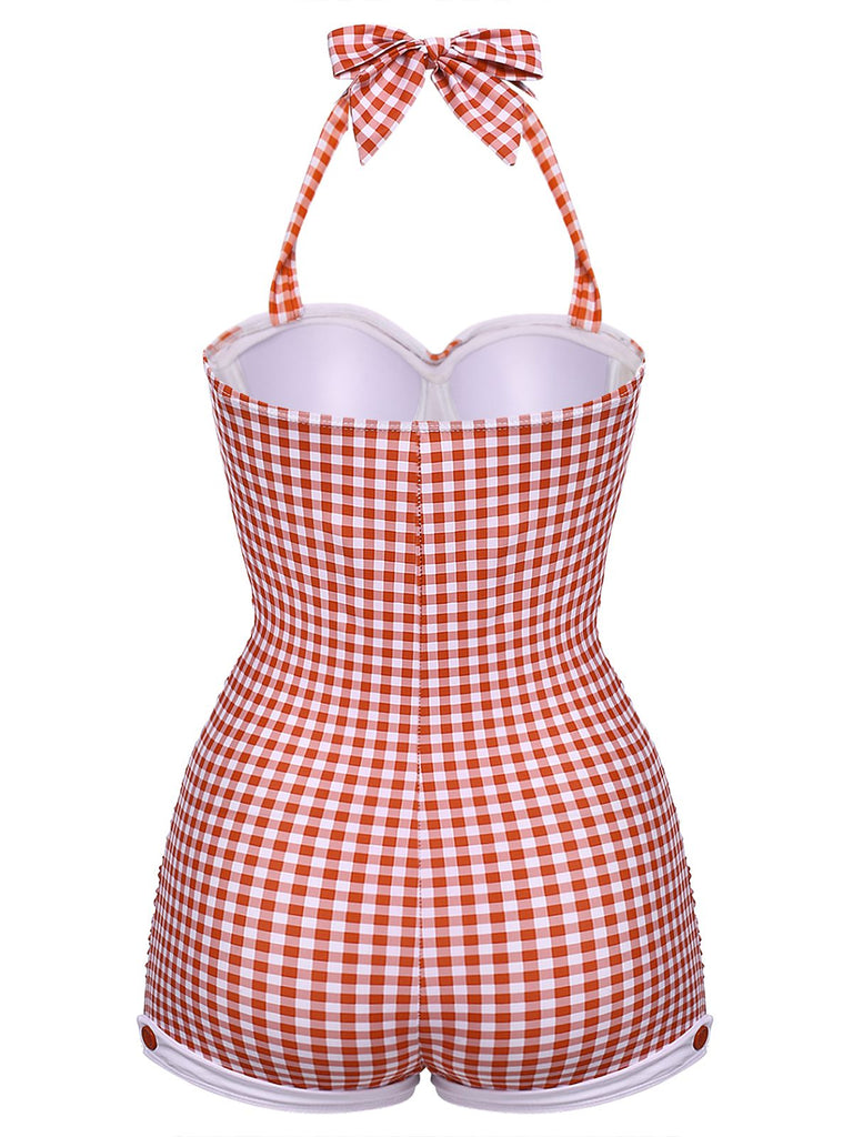 Gingham 1950s Halter Bowknot One-piece Swimsuit: 1950s Riviera elegance, reimagined for her