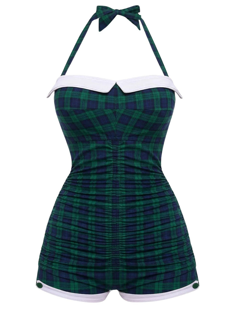 - Gingham 1950s Halter Bowknot One-piece Swimsuit - vintage swimwear, retro beach style for women