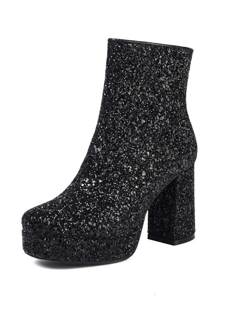 Glitter Platform Ankle Block Heel Boots - vintage shoes, retro heels