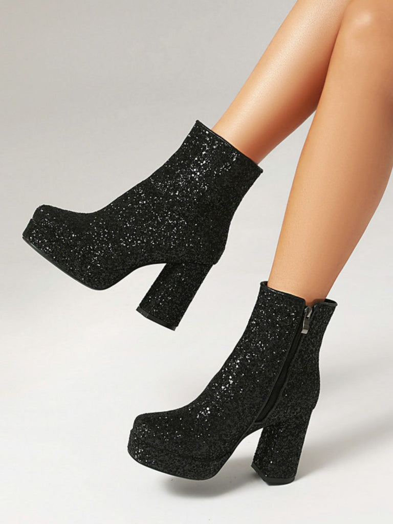 Glitter Platform Ankle Block Heel Boots - vintage shoes, retro heels