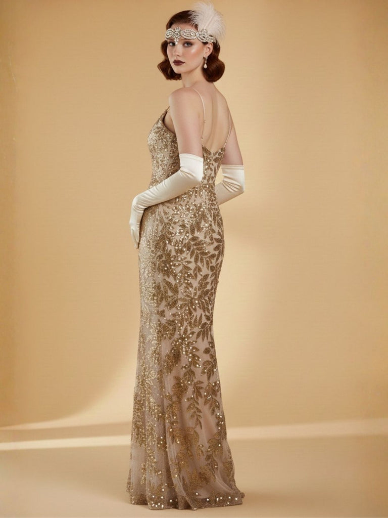 Gold 1920s Leaves Sequined Mesh Fishtail Dress - vintage dress, retro fashion, Gatsby party