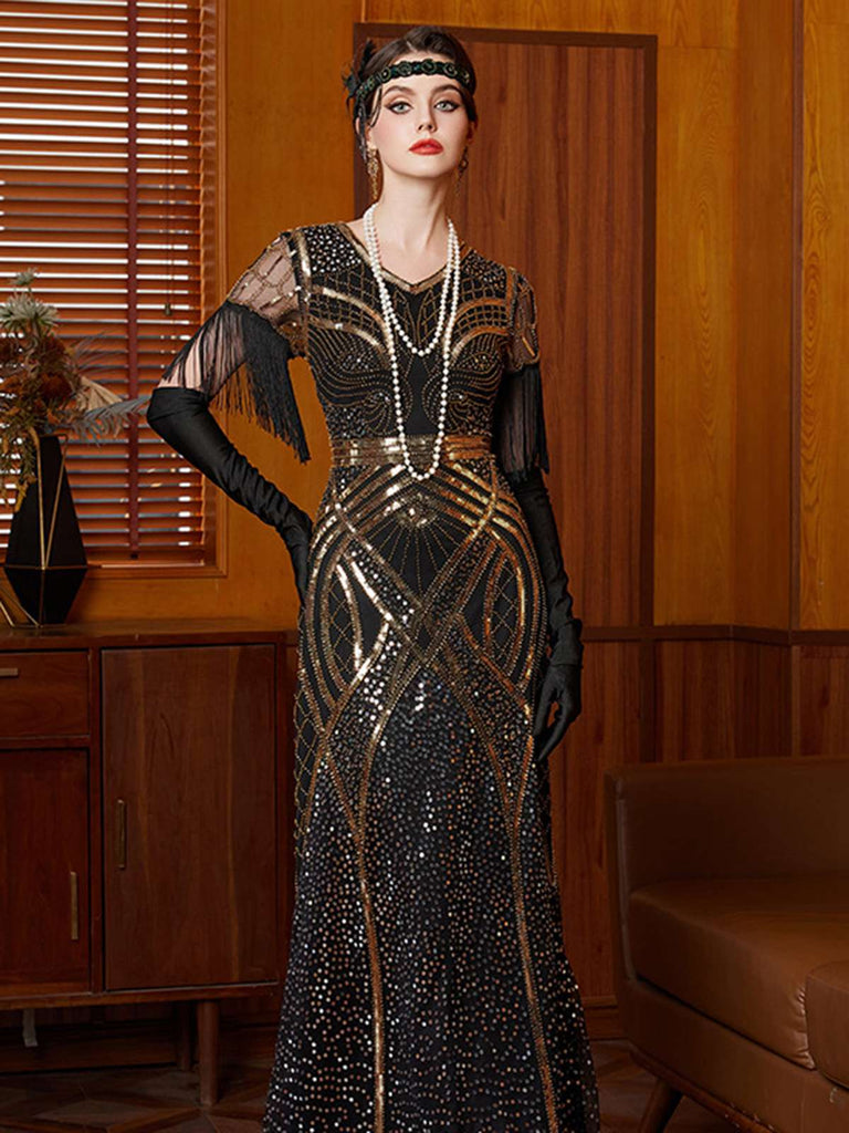 Gold 1920s Sequin Tassel V-Neck Maxi Dress - vintage dress, retro fashion, Gatsby party