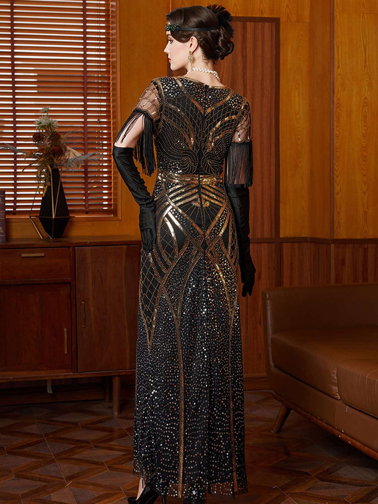 Gold 1920s Sequin Tassel V-Neck Maxi Dress - vintage dress, retro fashion, Gatsby party