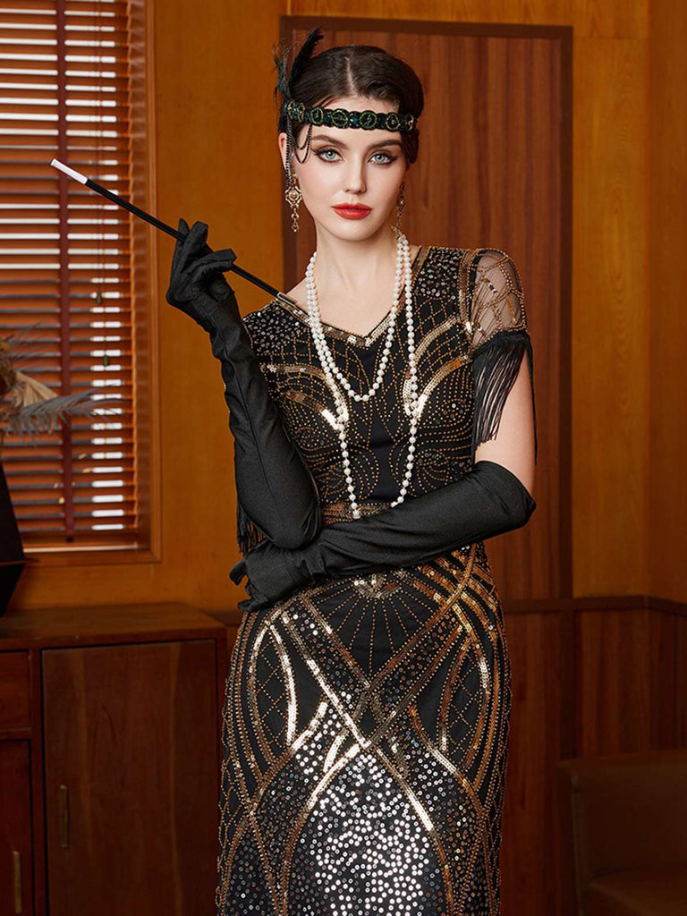 Gold 1920s Sequin Tassel V-Neck Maxi Dress - vintage dress, retro fashion, Gatsby party