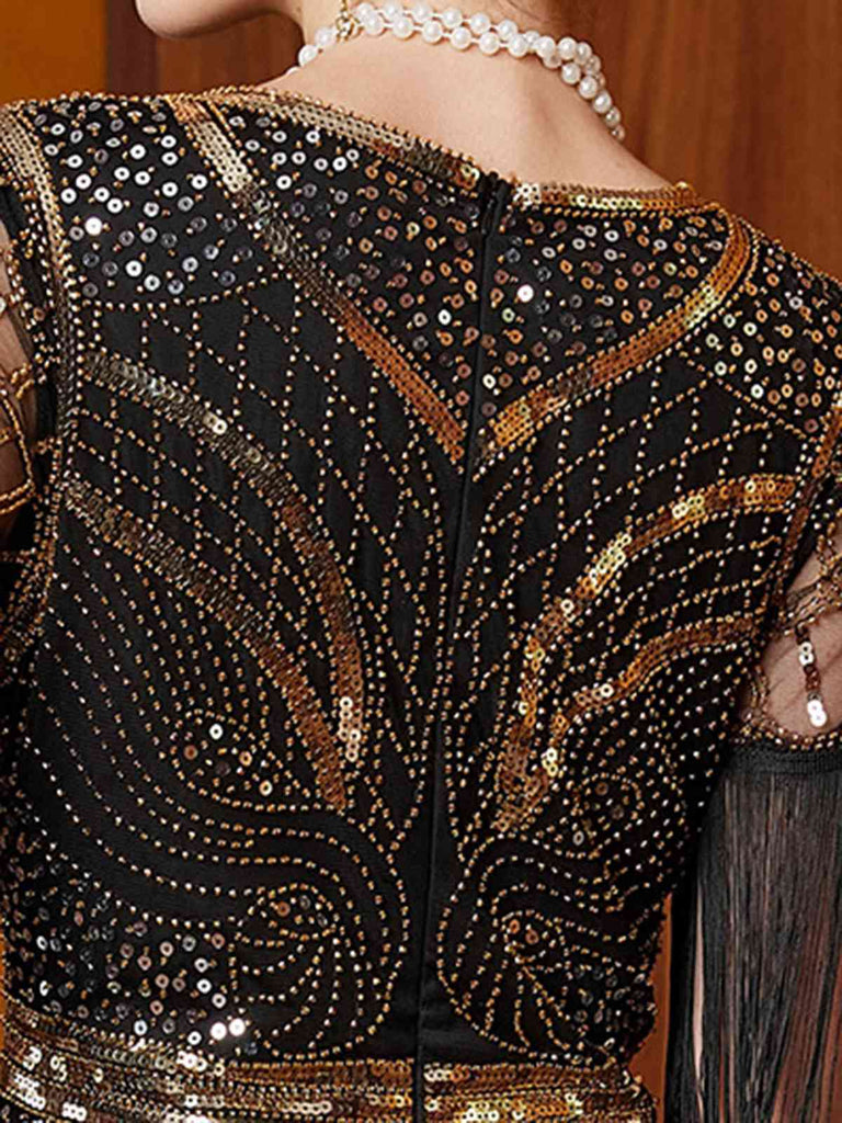 Gold 1920s Sequin Tassel V-Neck Maxi Dress - vintage dress, retro fashion, Gatsby party