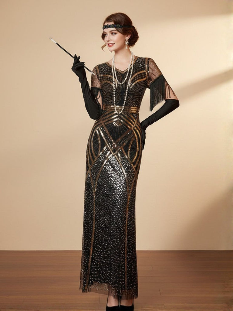 Gold 1920s Sequin Tassel V-Neck Maxi Dress - vintage dress, retro fashion, Gatsby party