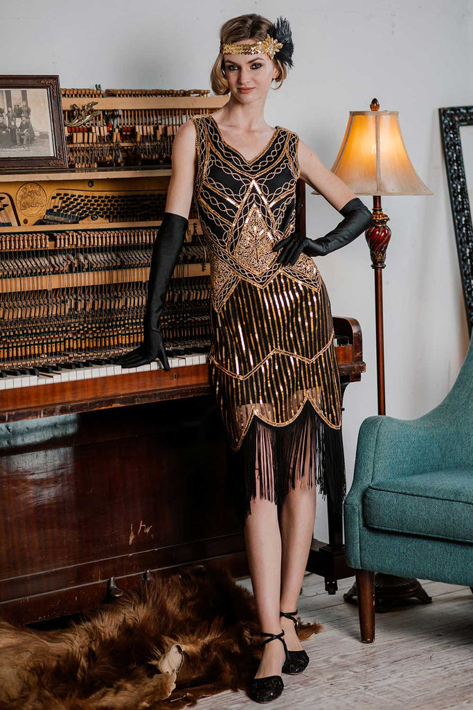 Gold 1920s Sequined Flapper Dress, classic vintage style elegant retro fashion