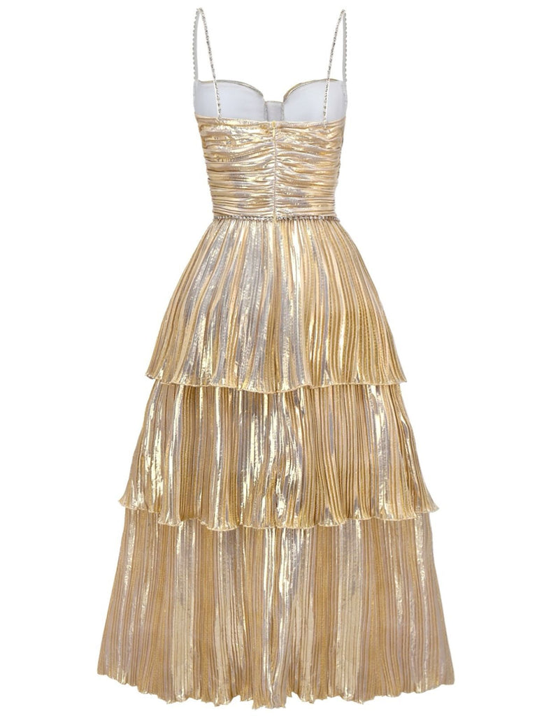 Gold 1930s Metallic Tiered Spaghetti Strap Dress - vintage dress, retro fashion, elegant red