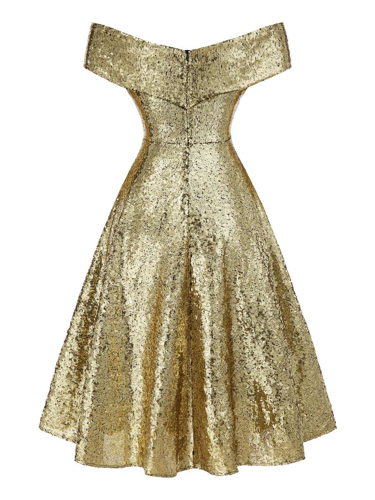 Gold 1950s Off-Shoulder Sequined Swing Dress - vintage dress, retro fashion, rockabilly