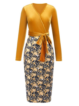Gold 1960s Floral Patchwork Wrap Belted Dress, vintage dress, retro fashion, floral print - perfect for women who love vintage and retro fashion