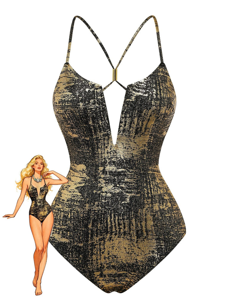 Gold 1970s Distressed Metallic Deep V-Neck One-Piece Swimsuit - vintage swimsuit, pin-up swimwear for vintage lovers