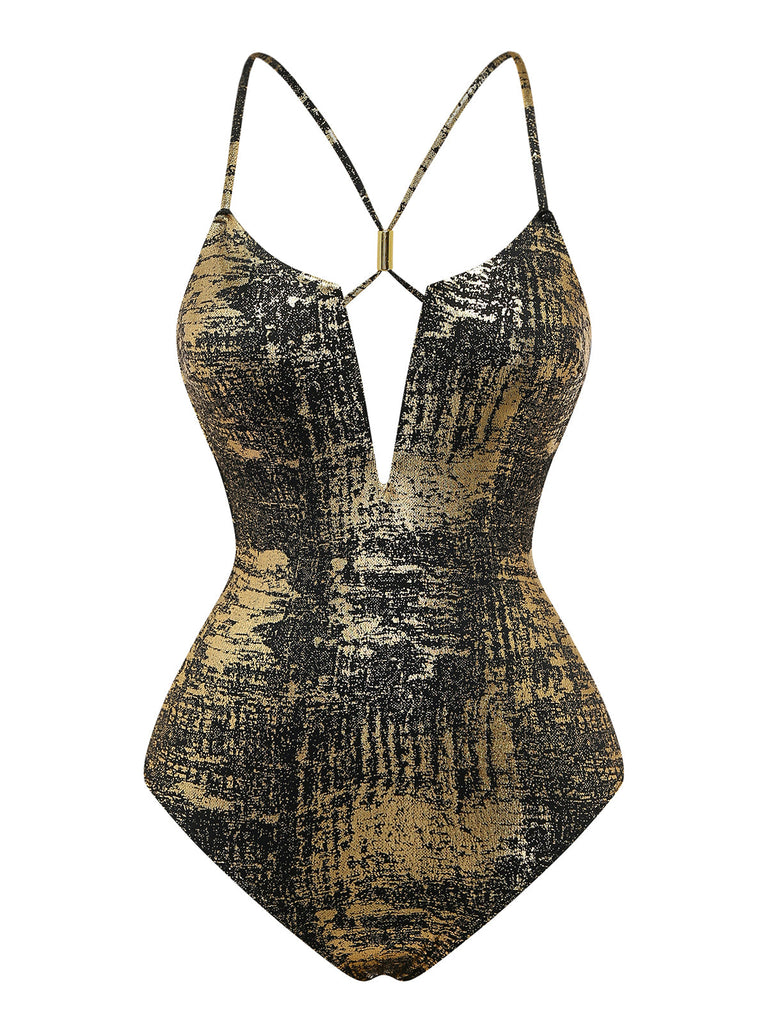 Gold 1970s Distressed Metallic Deep V-Neck One-Piece Swimsuit - vintage swimsuit, pin-up swimwear for vintage lovers