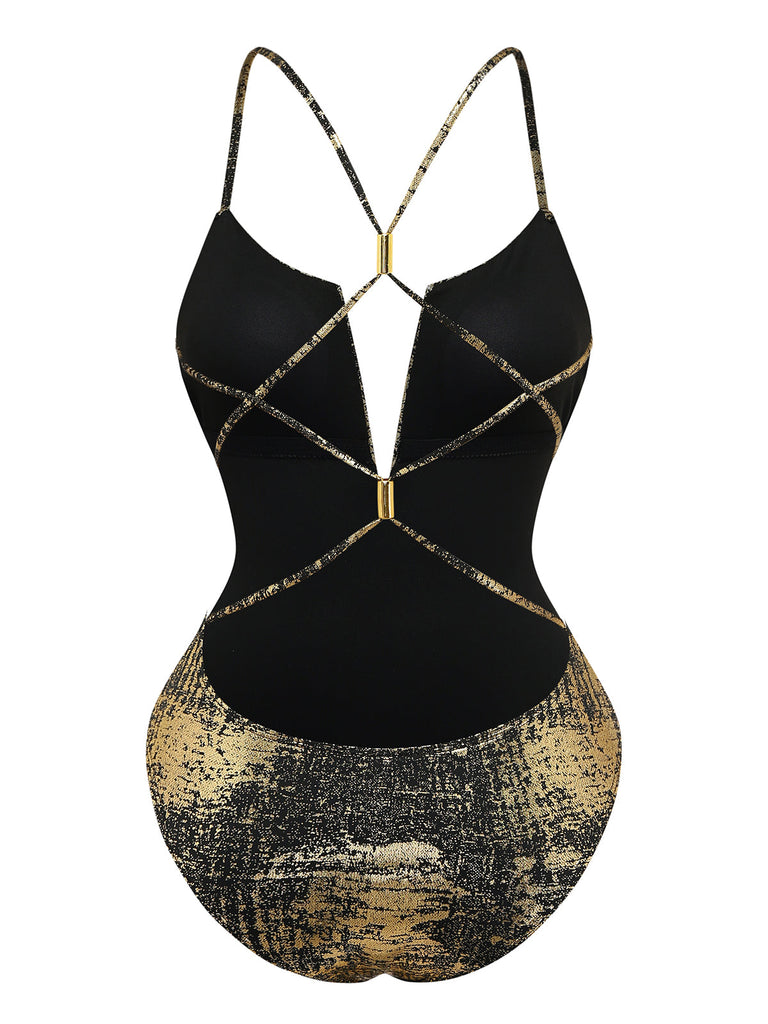 Gold 1970s Distressed Metallic Deep V-Neck One-Piece Swimsuit - vintage swimsuit, pin-up swimwear for vintage lovers