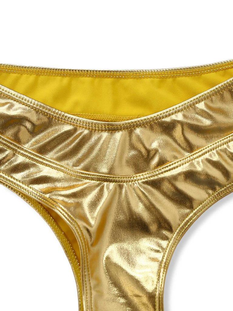 Gold 1970s Metallic High-Waist Bikini Set: beautiful vintage swimwear, retro swimsuit, pin-up style with timeless appeal