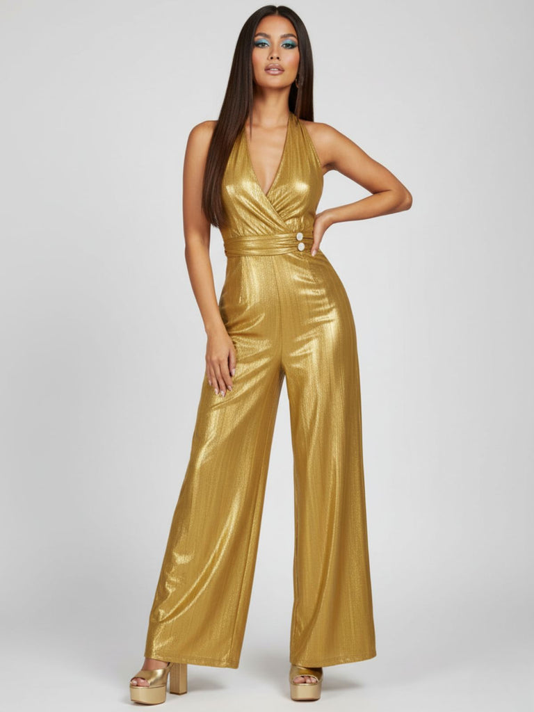 Gold 1970s Solid V-Neck Halter Jumpsuit - vintage jumpsuit, retro fashion, glamorous gold