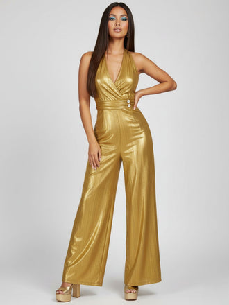 Gold 1970s Solid V-Neck Halter Jumpsuit - vintage jumpsuit, retro fashion, glamorous gold