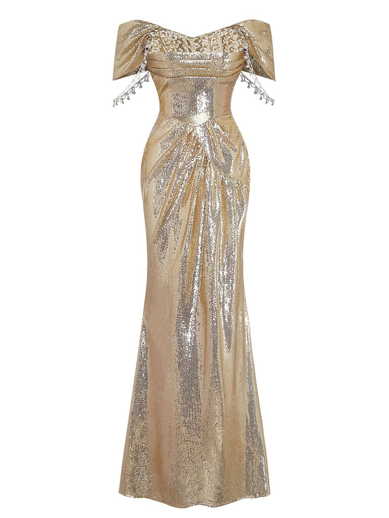 Gold 1980s Off-Shoulder Sequin Party Dress - vintage dress, retro fashion, glamorous gold