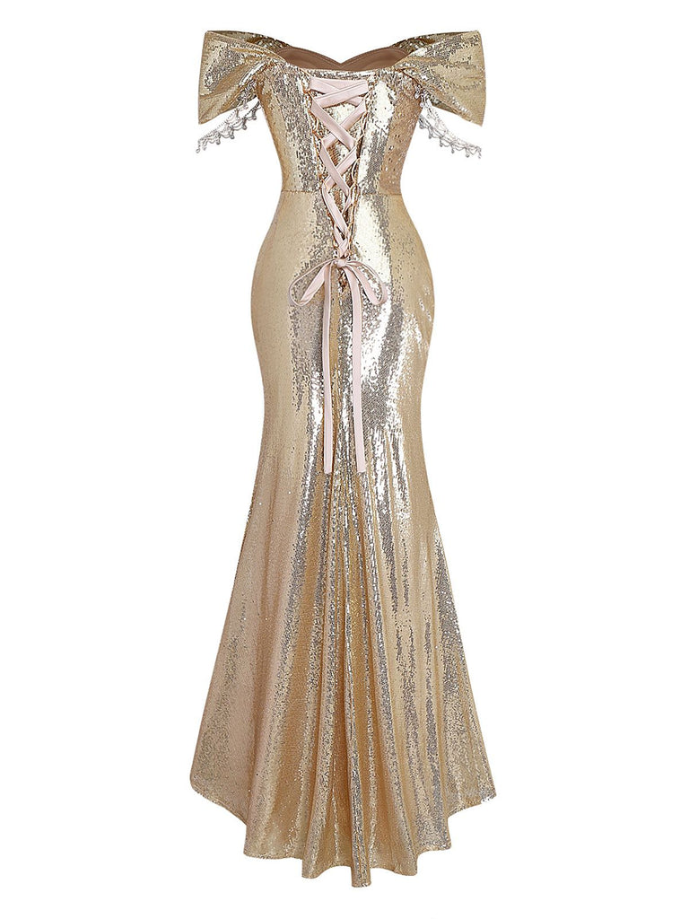 Gold 1980s Off-Shoulder Sequin Party Dress - vintage dress, retro fashion, glamorous gold