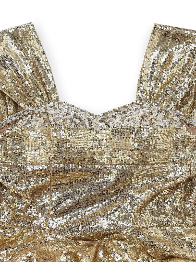 Gold 1980s Off-Shoulder Sequin Party Dress - vintage dress, retro fashion, glamorous gold