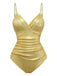 Gold 1980s Ruched Pearl Straps One-Piece Swimsuit - vintage swimsuit, pin-up style, glamorous gold