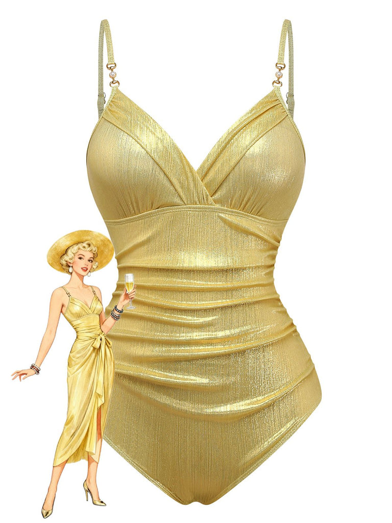 Gold 1980s Ruched Pearl Straps One-Piece Swimsuit - vintage swimsuit, pin-up style, glamorous gold