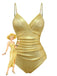 Gold 1980s Ruched Pearl Straps One-Piece Swimsuit - vintage swimsuit, pin-up style, glamorous gold