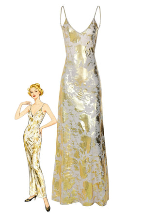 Gold 1980s Spaghetti Strap V-Neck Foil Print dress - vintage dress, retro fashion, glamorous gold