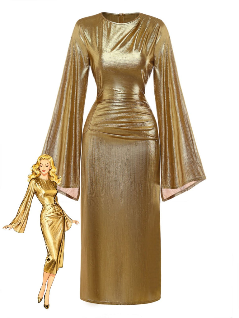 Gold Foil 1970s Batwing Sleeve Waist Ruched Dress - vintage dress, retro fashion, glamorous gold