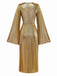 Gold Foil 1970s Batwing Sleeve Waist Ruched Dress - vintage dress, retro fashion, glamorous gold