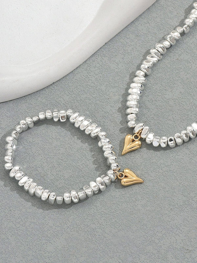 Gold Heart Pendant Necklace & Bracelet Set - vintage fashion, retro style, glamorous gold