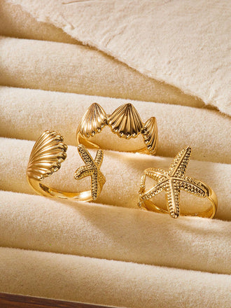 Gold Seashell Starfish Rings Set - vintage fashion, retro style, glamorous gold