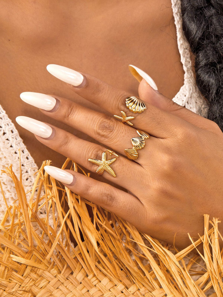 Gold Seashell Starfish Rings Set - vintage fashion, retro style, glamorous gold