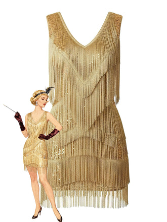 Gold 1920s Fringe Sequin V-neck Mini Dress